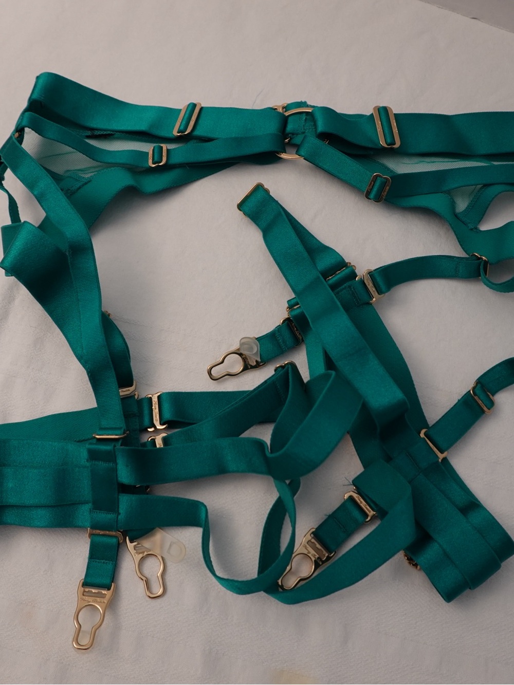 *Rare* Honey Birdette Kukuro Jade Harness Bra & Panty, Garter, Stocking Set - Picture 10 of 15